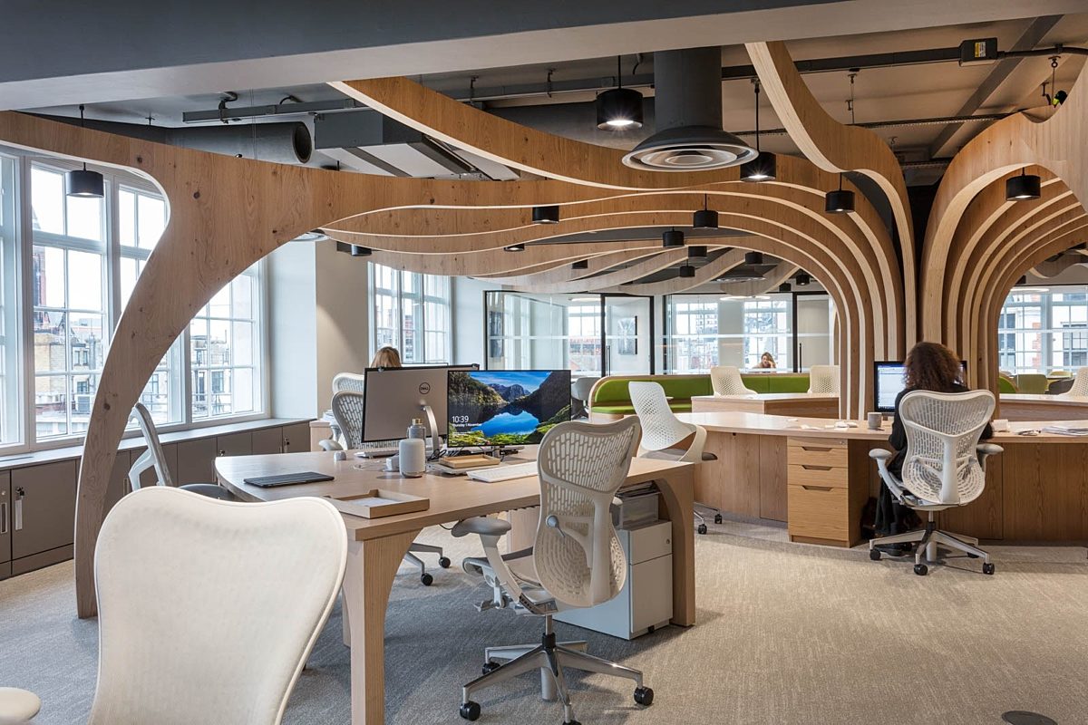 timber tree in biophilic office design