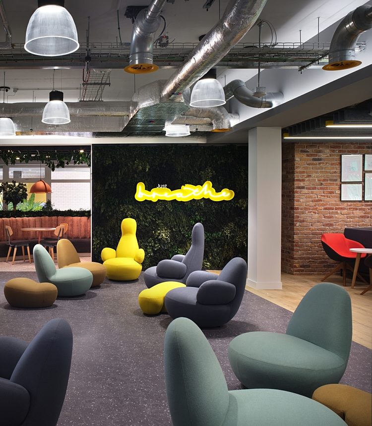 Contemporary office interior design with colourful soft furnishings