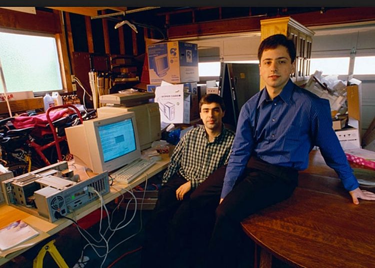 Google founders Larry Page and Sergey Brin in their garage office