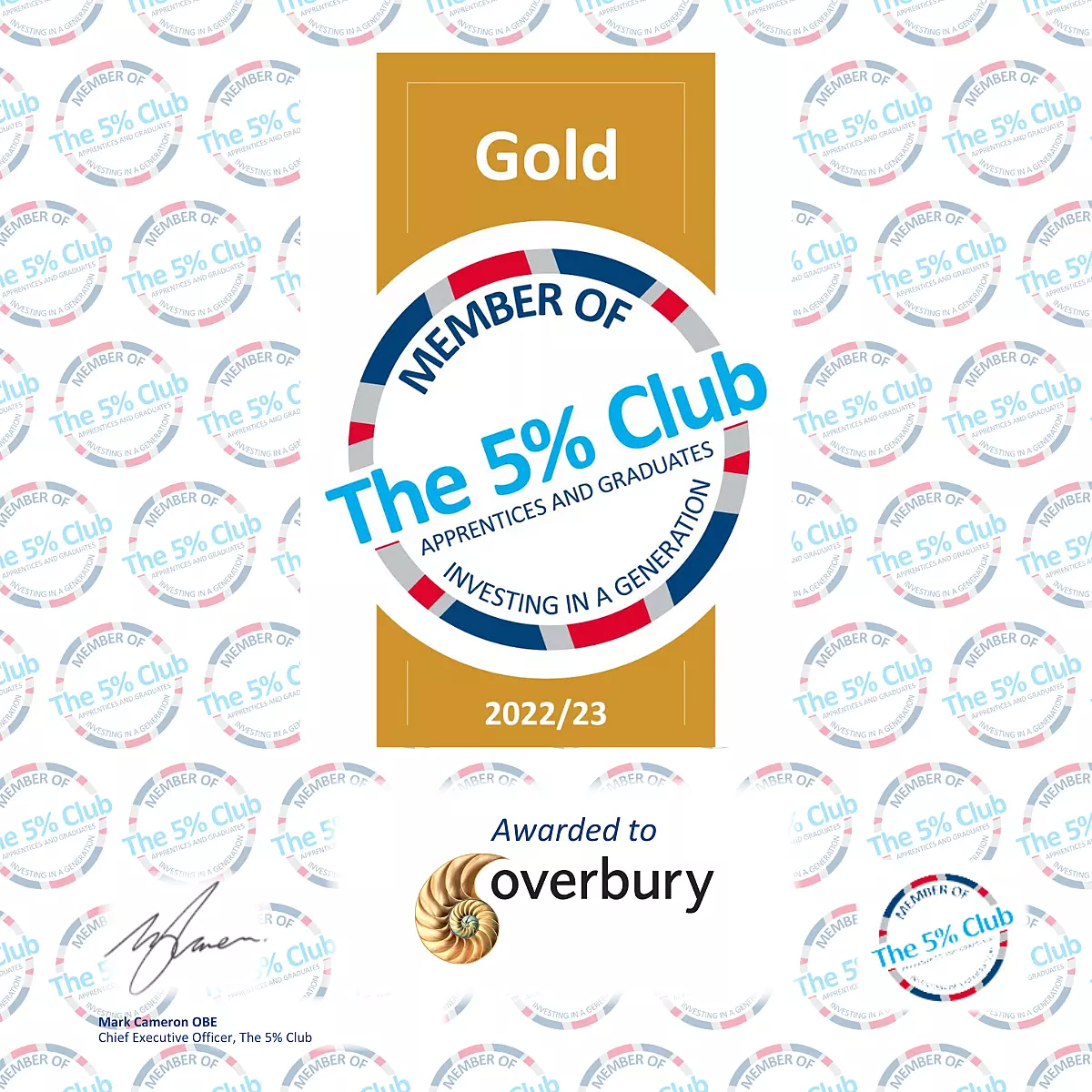 Certificate awarding Overbury with a gold membership of The 5%  Club