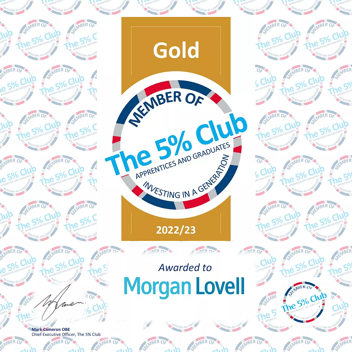 A certificate to award Morgan Lovell with a Gold membership to The 5% Club