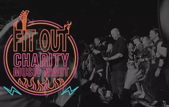 Fit out music night logo and black and white band photograph