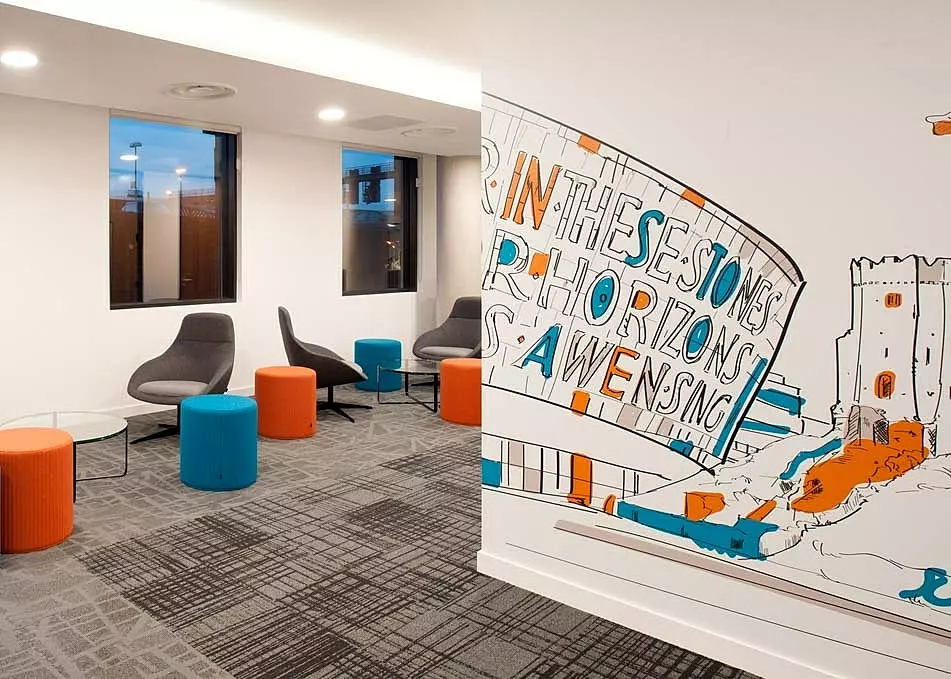 Office breakout space's colourful wall art