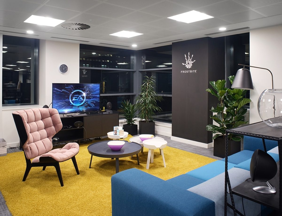 Office breakout space with colourful furniture