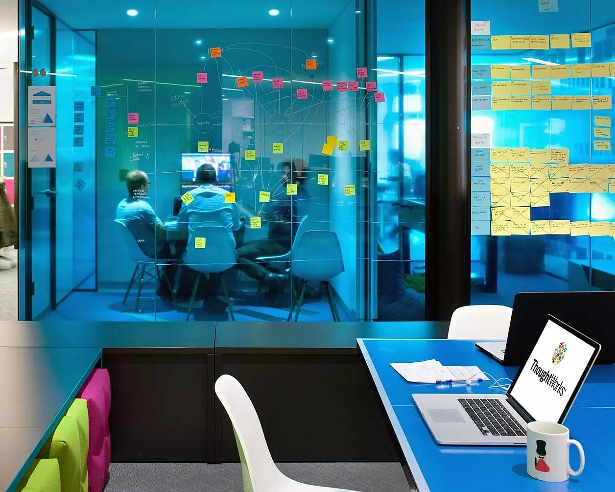 Kanban boards on glass office interior design